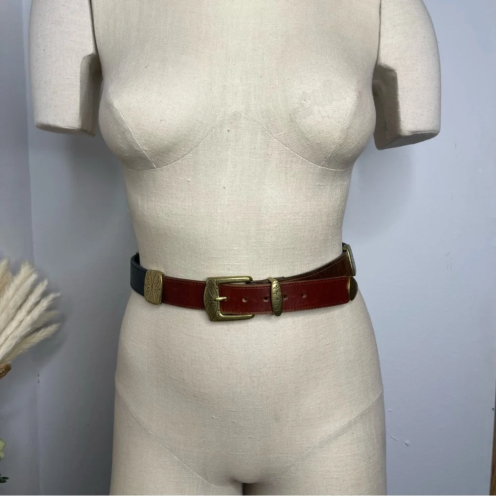 Vintage Brown Leather Belt with Brass Buckle - Picture 2 of 15